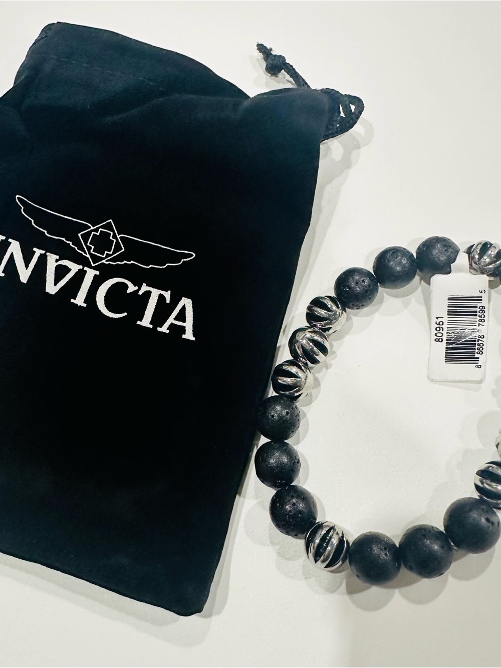 Invicta Black Lava Bead Bracelet with Silver Accents